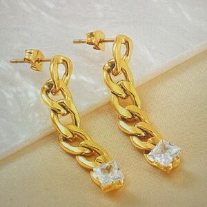 Gold Chain Drop Earrings with Crystal Accent